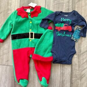 Baby boy infant Festive Elf sleeper ( 0-3 months)& Christmas Onesie( newborn)NEW